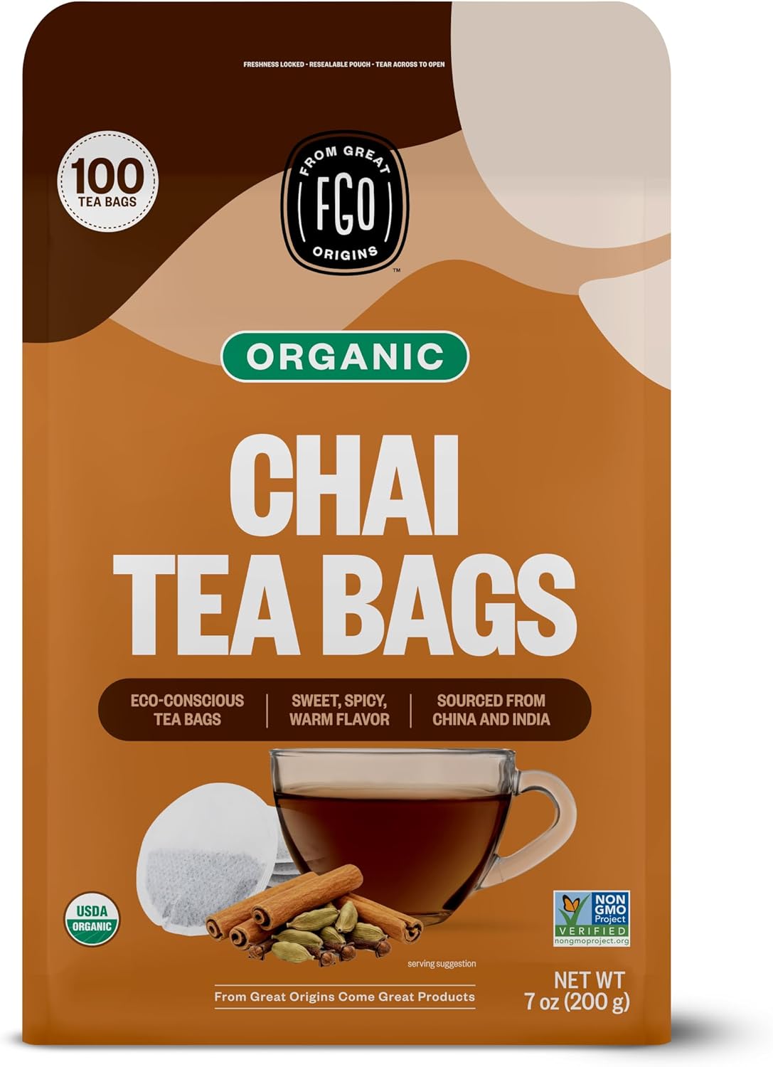 FGO Organic Chai Tea, 100 Count, Eco-Conscious Tea Bags, Resealable Bag, Packaging May Vary (Pack of 1)