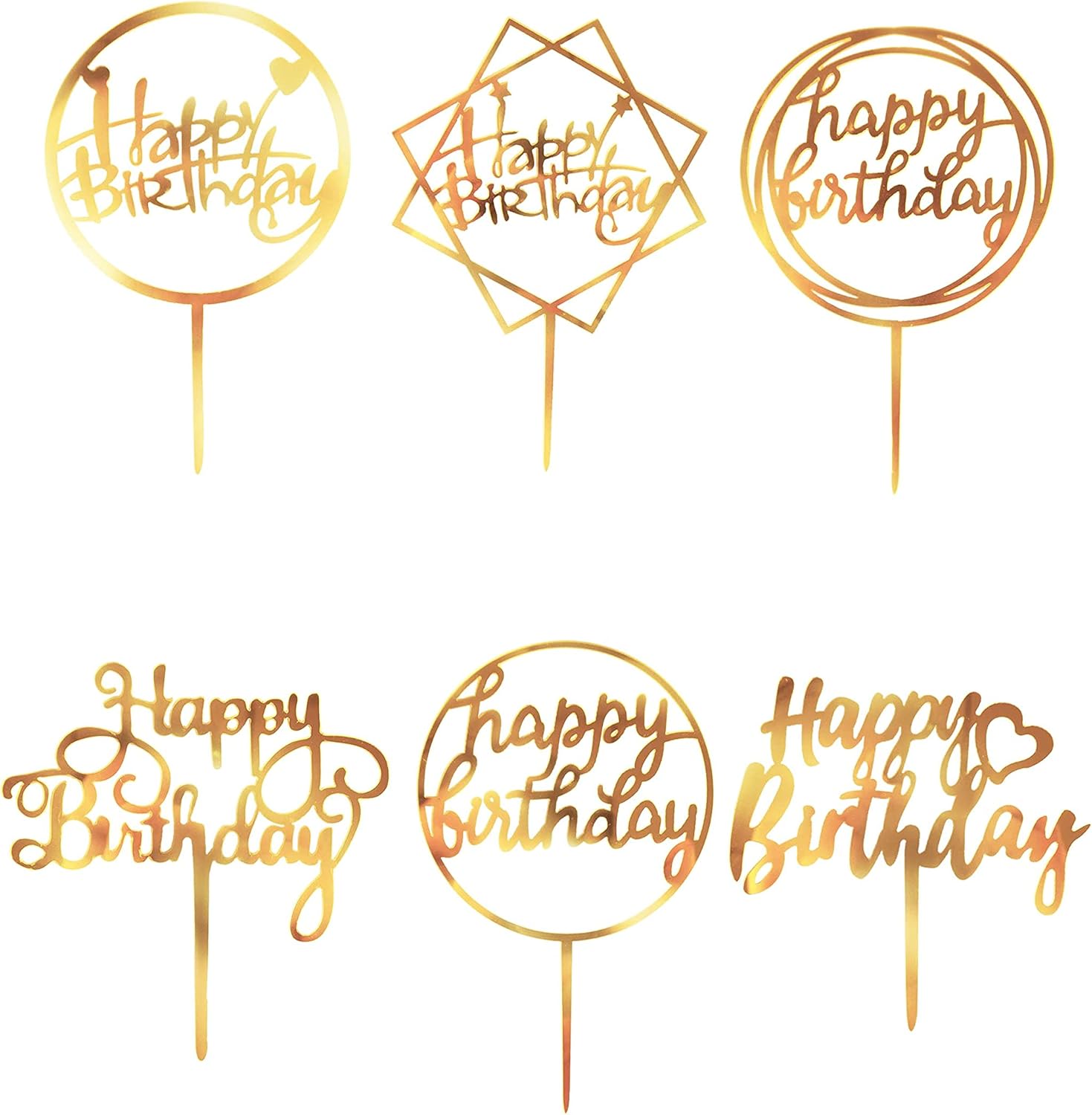 Happy Birthday Cake Toppers Gold, 18 Pcs Gold Happy Birthday Cake Topper, Acrylic Cake Decoration, Double-Sided Glitter of Birthday Cake Topper for Children or Adults (Word)