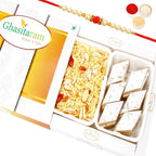 Ghasitaram Gifts Rakhi Gifts for Brothers Rakhi Sweets - Kaju Katli and Namkeen Hamper with Pearl Beads Rakhi