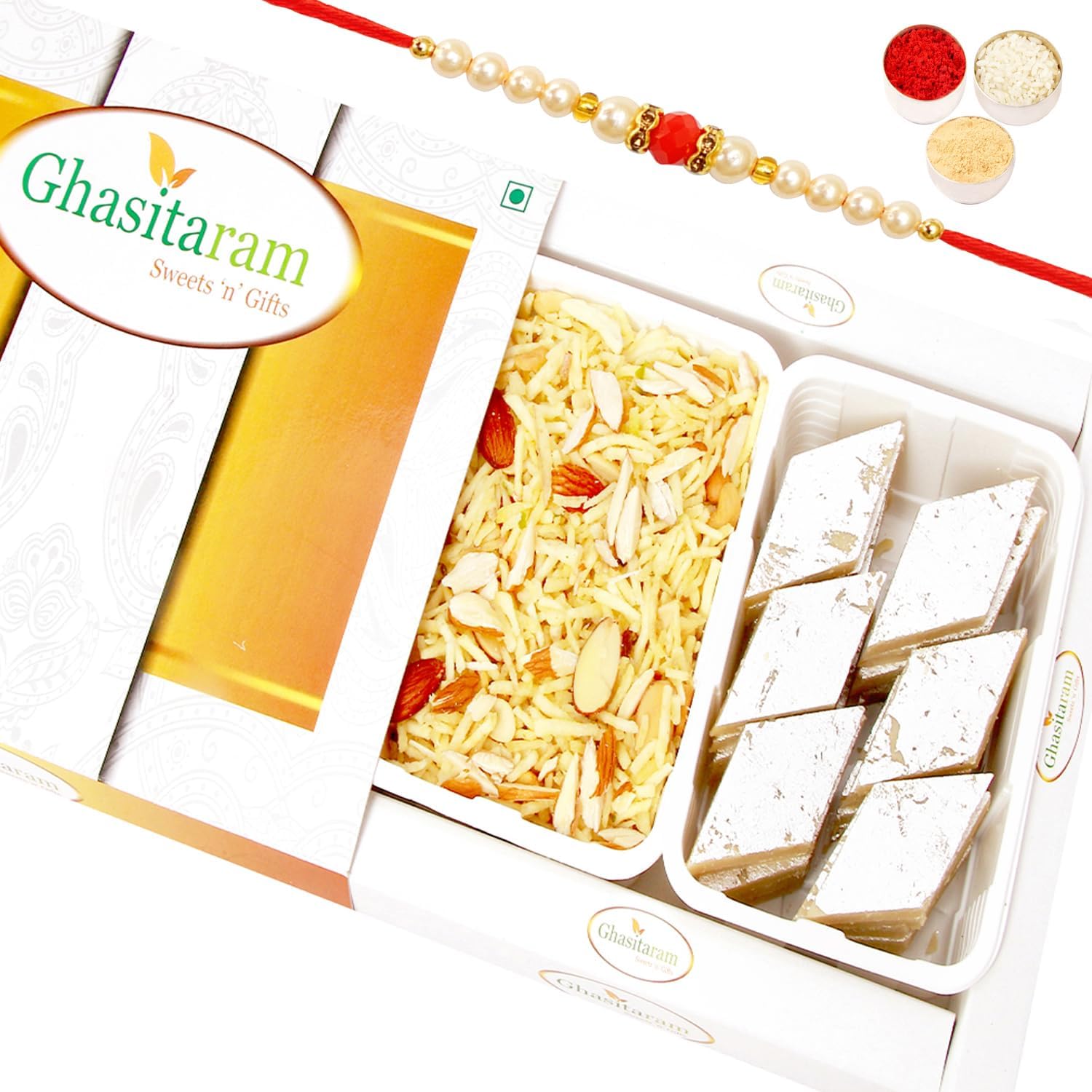 Ghasitaram Gifts Rakhi Gifts for Brothers Rakhi Sweets - Kaju Katli and Namkeen Hamper with Pearl Beads Rakhi