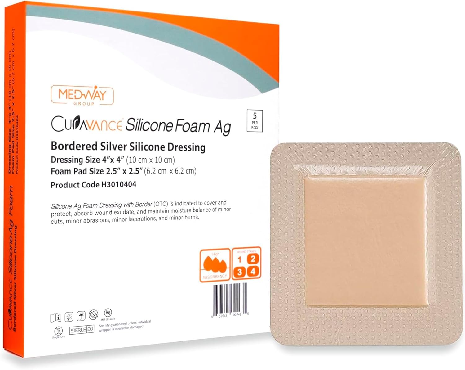 MedVance Bordered Silver Silicone Ag Sterile Absorbent Dressing, 4"x 4" (2.5"x 2.5" Pad), 5 dressings/Box, 5 Pack