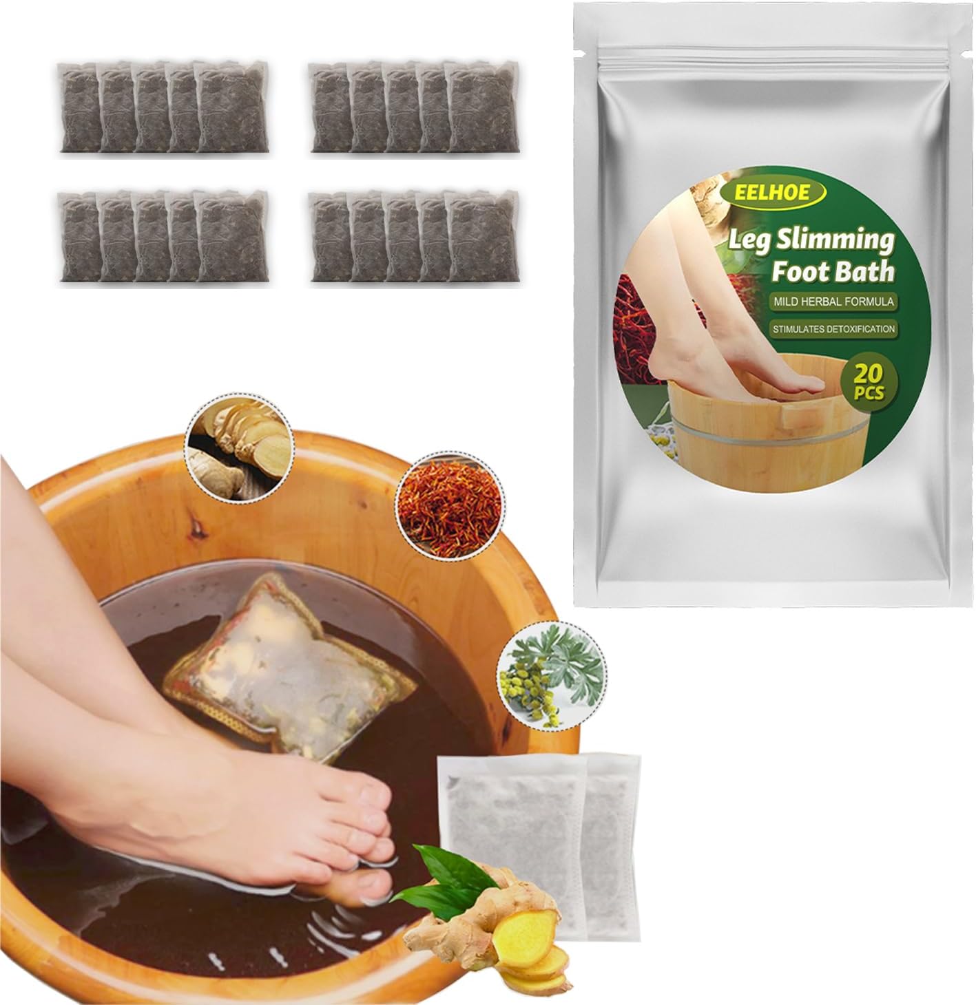 20PCS Lymphatic Drainage Ginger Foot Soak, Foot Care Spa Relaxation for Muscles, Natural Mugwort Herb Foot Soak, Leg Slimming Foot Bath Bag 1