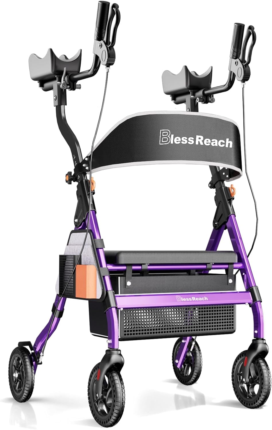 Heavy Duty Upright Rollator Walker for Seniors with Seat, 450lb Capacity, 8" All-Terrain Wheels, 6 Height Adjustments, Padded Seat & Backrest, Easy Assembly, Foldable Design, Purple