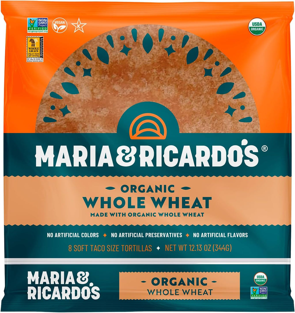Maria & Ricardo's Organic Whole Wheat Tortillas. (3 Pack) USDA Certified Organic, Non GMO PV, Vegan, Kosher. 8 Tortillas per Pack
