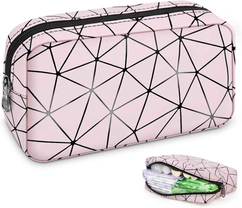 PU Leather Sanitary Napkin Storage Bag Small Make Up Bag Travel Cosmetic Bag Menstrual Cup Pouch First Period Kit Bag for Women Pink