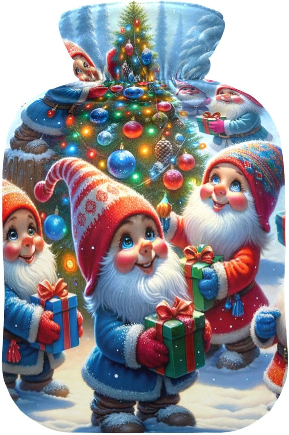 Cheerful Gnomes Christmas Tree Hot Water Bottles with Soft Cover Hand Feet Warmer Warm Water Heat Bottles for Menstrual Cramps Pain Relief, 2L