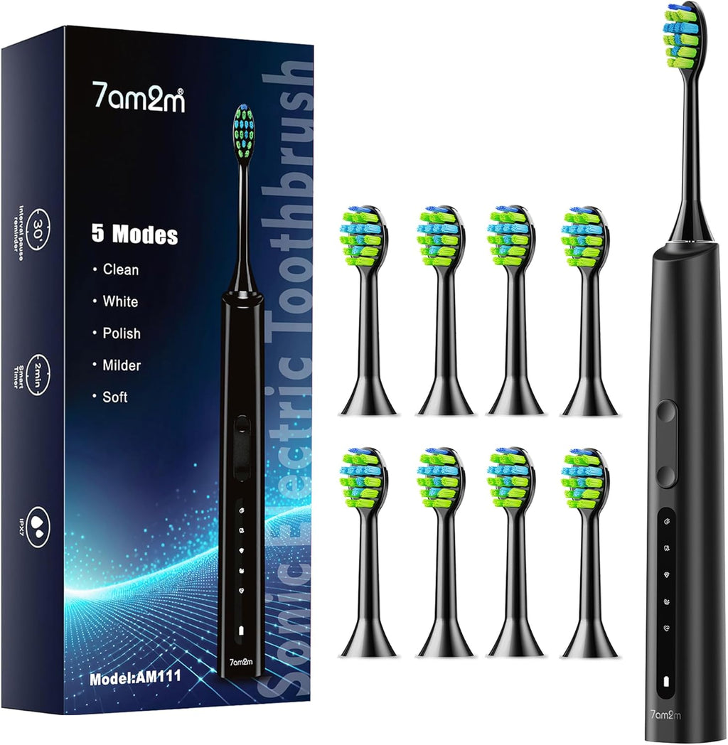 7AM2M Sonic Electric Toothbrush with 8 Brush Heads for Adults and Kids, High Power Rechargeable Toothbrushes, 5 Modes with 2 Minutes Built in Smart Timer, One Charge for 60 Days (Black)
