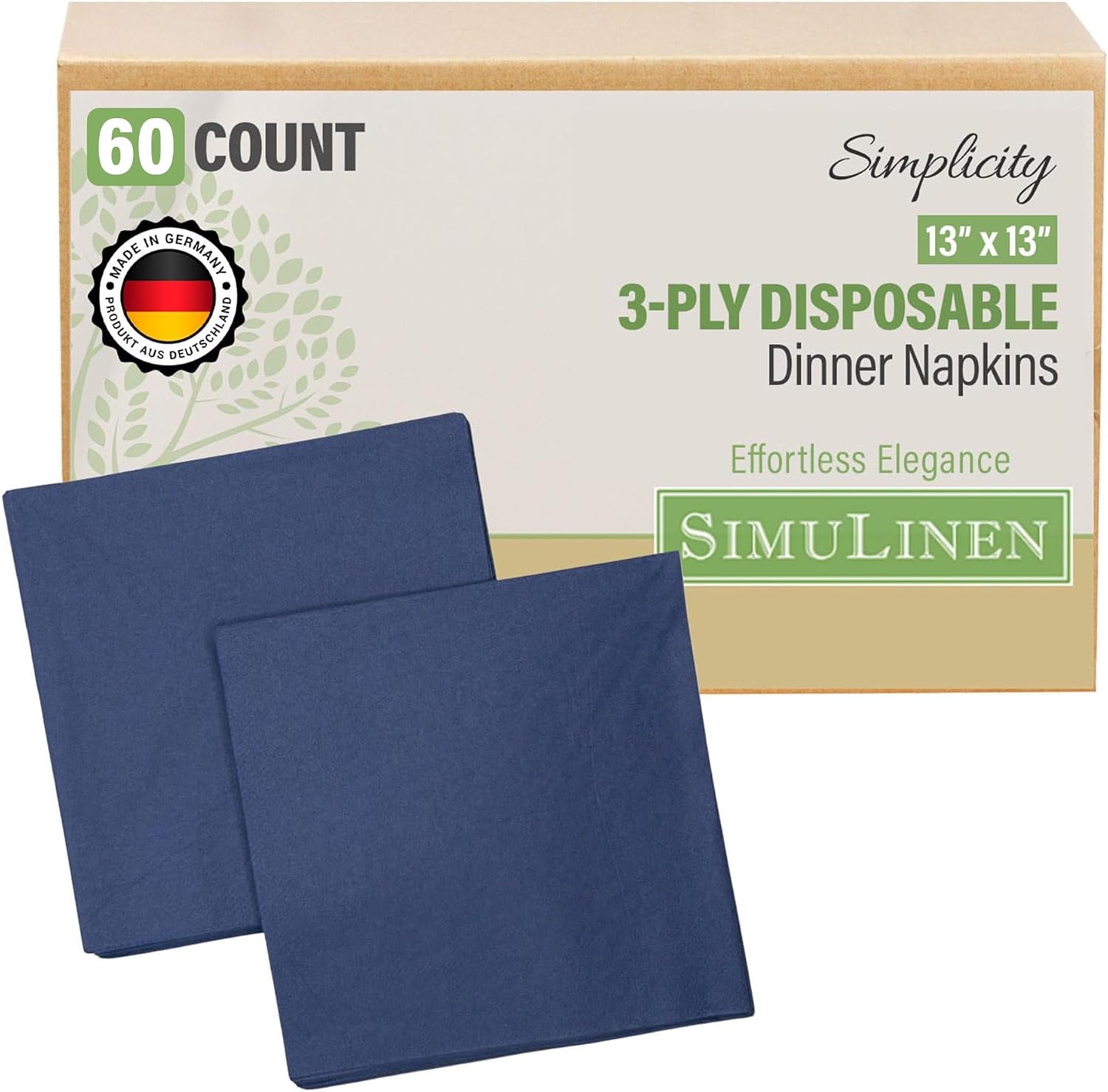 SimuLinen Navy Blue Disposable Paper Napkins, 3-Ply, 13in x 13in - 30 Pack - Simplicity Collection, Perfect for Birthday or Dessert Parties