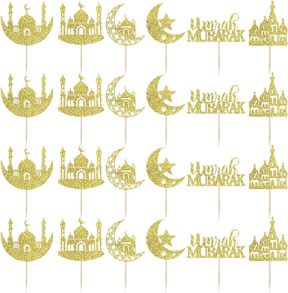 24 Pcs Eid Mubarak Cupcake Toppers,6 Patterns Glitter Umrah Mubarak Cupcake Picks,Ramadan Kareem Muslim Islam Eid Festival Party Decorations, Ramadan Mubarak Party Deorations