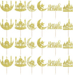 24 Pcs Eid Mubarak Cupcake Toppers,6 Patterns Glitter Umrah Mubarak Cupcake Picks,Ramadan Kareem Muslim Islam Eid Festival Party Decorations, Ramadan Mubarak Party Deorations
