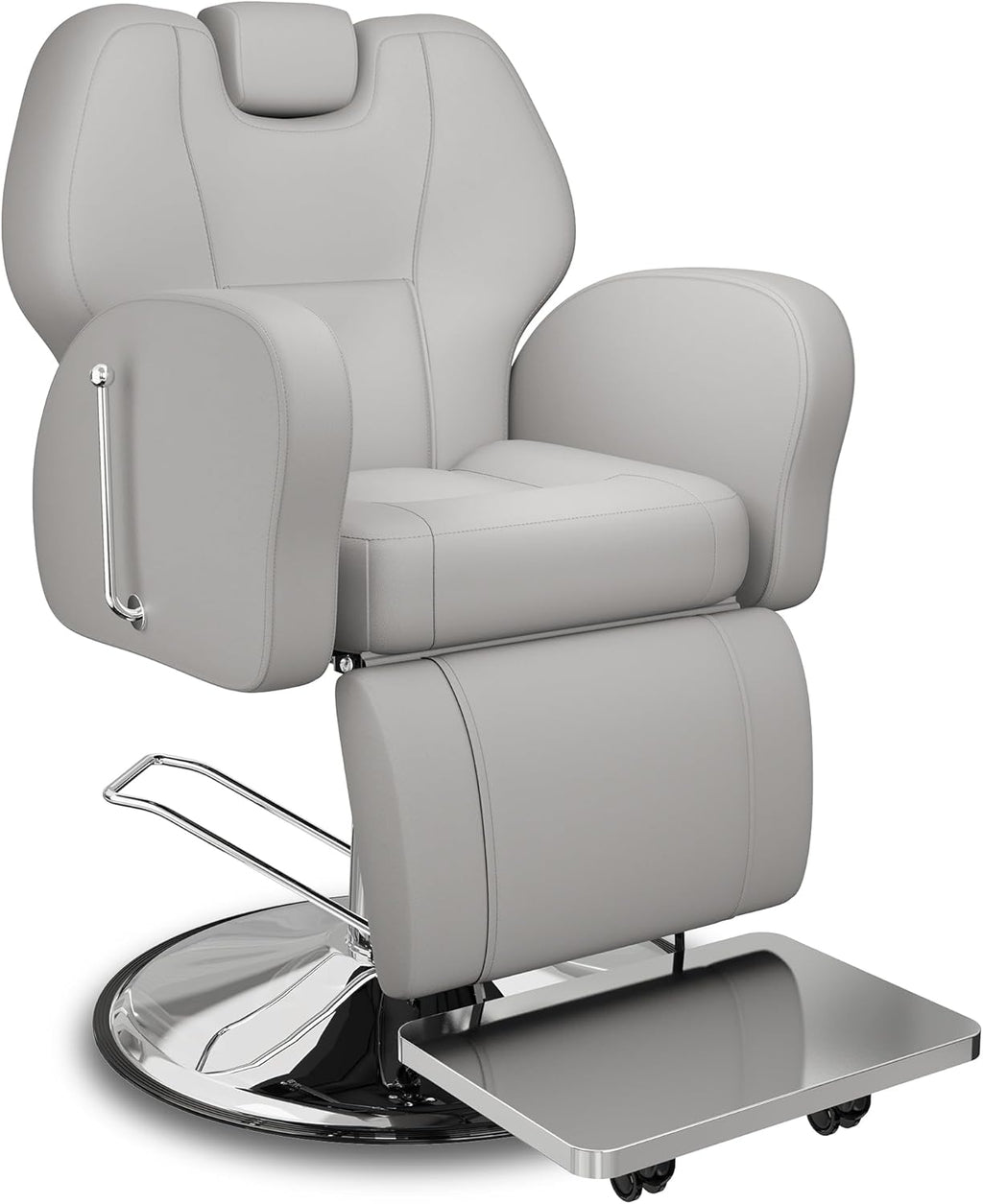 Baasha Heavy Duty Reclining Barber Chair - Grey Hydraulic Salon Chair for Facials, Lash Extensions, Tattoo & Braiding - 165° Recline with Leg Rest, Stainless Steel Base