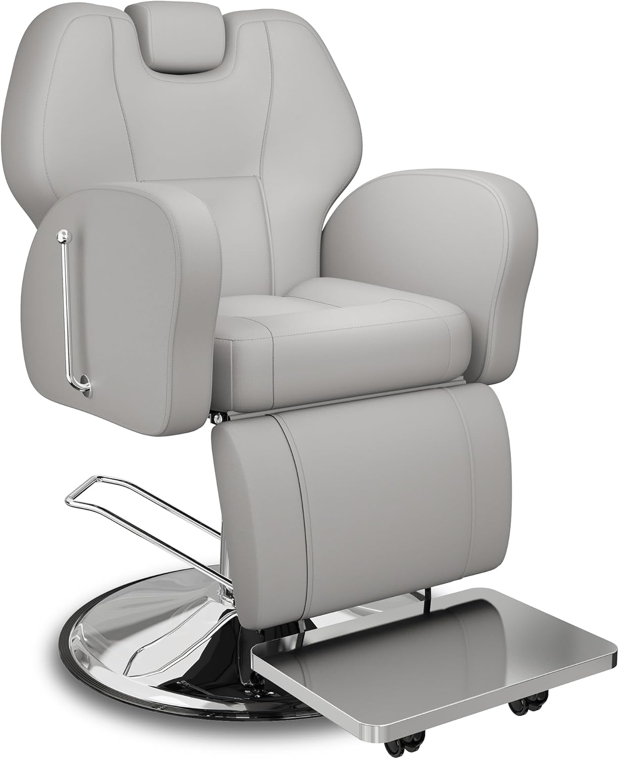 Baasha Heavy Duty Reclining Barber Chair - Grey Hydraulic Salon Chair for Facials, Lash Extensions, Tattoo & Braiding - 165° Recline with Leg Rest, Stainless Steel Base