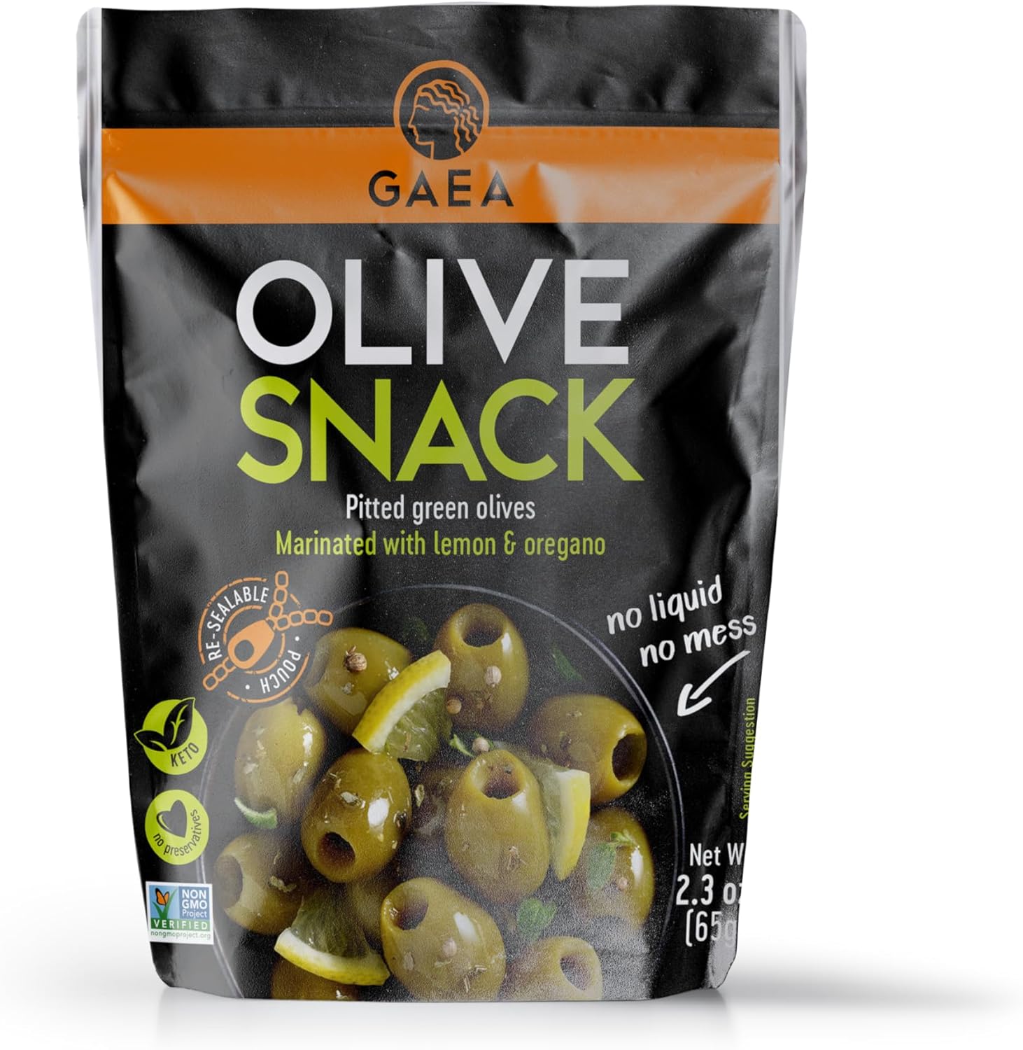 GAEA Pitted Green Olives Marinated With Lemon & Oregano Snack Pack, Vegan, liquid free, fresh olives, 2.3 Ounces (Pack Of 8)