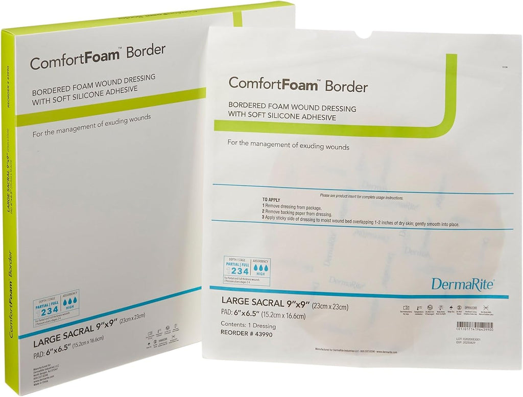 DermaRite's ComfortFoam Border, Foam Wound Dressing - Flexible and Soft Silicone, Self Adhesive, No Natural Rubber Latex - 9 in. x 9 in., 1 Count, 5 Packs, 5 Total