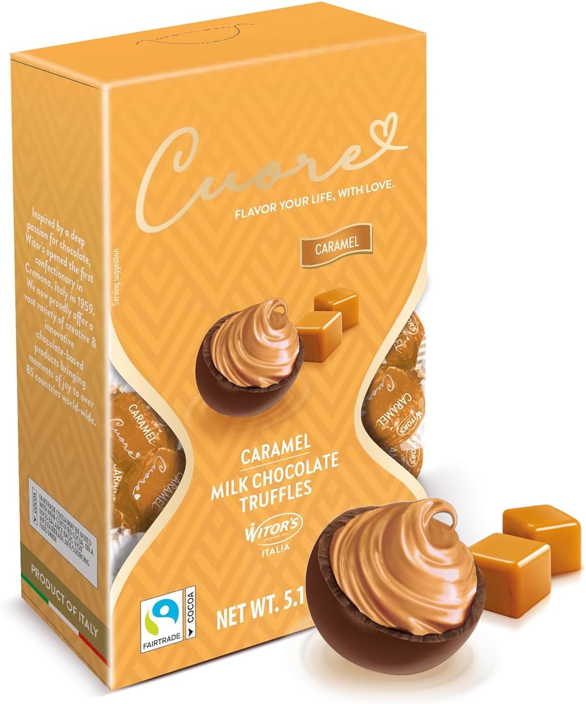 Witor's Chocolates, Cuore Chocolate Truffles with Creamy Filling, Italian Truffles, Made in Italy, Perfect for Gifting (5.11 Ounce, Caramel)