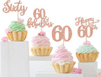 Rsstarxi 24 Pack 60th Birthday Cupcake Toppers Glitter 60 Fabulous Cake Decorations Sixty Happy 60 Birthday Cupcake Toothpicks for 60th Birthday Anniversary Party Decorations Rose Gold