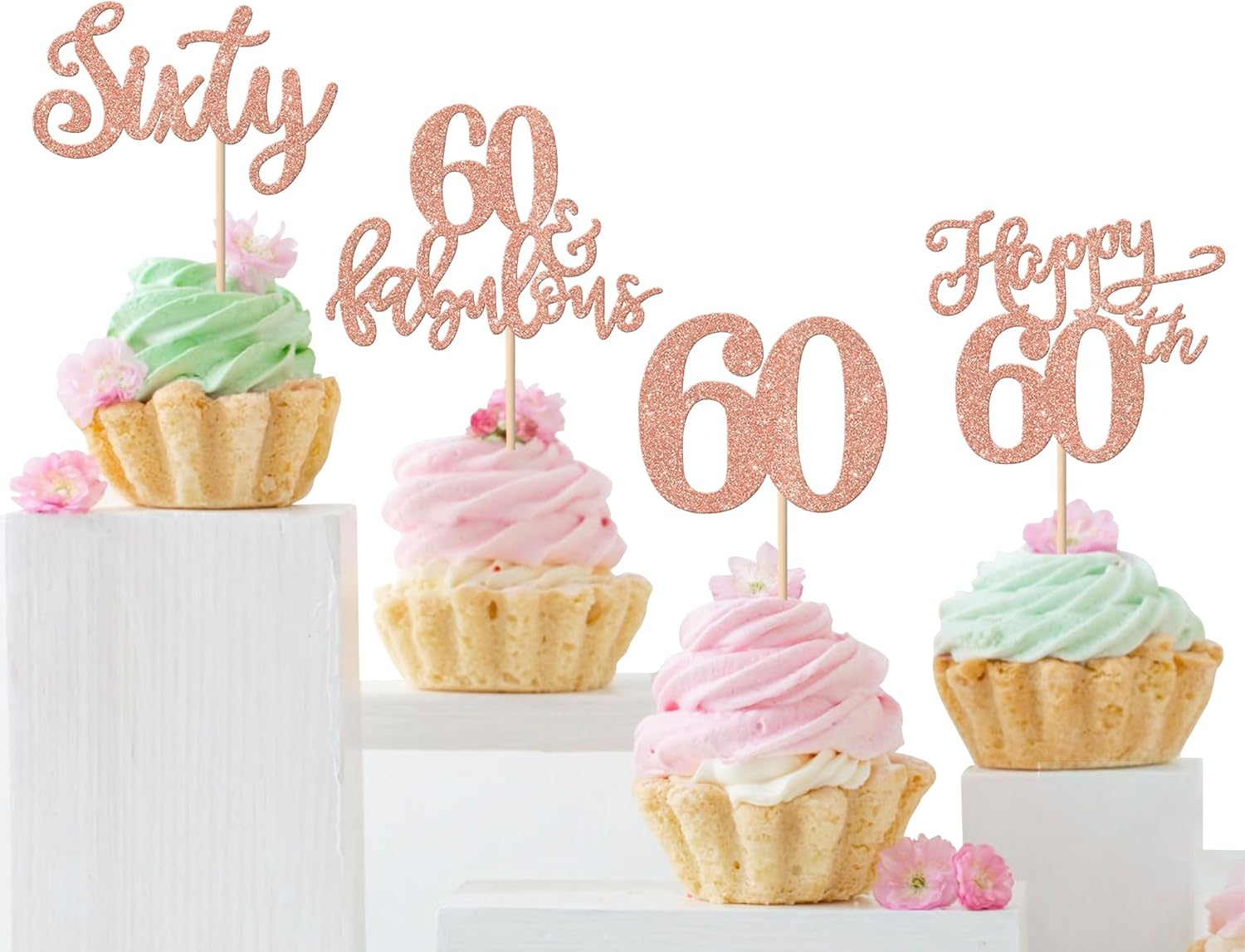Rsstarxi 24 Pack 60th Birthday Cupcake Toppers Glitter 60 Fabulous Cake Decorations Sixty Happy 60 Birthday Cupcake Toothpicks for 60th Birthday Anniversary Party Decorations Rose Gold