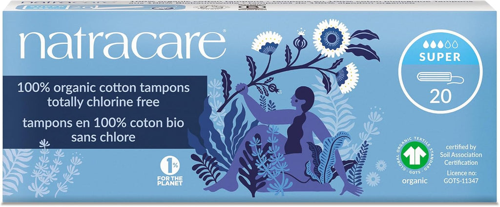 Natracare Non-Applicator 100% Organic Cotton Tampons, Super, Totally Chlorine Free, Biodegradable and Compostable (1 Pack, 20 Tampons Total)