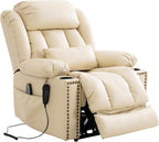 Dual Motor Power Lift Recliner Chair for Elderly, Infinite Position Lay Flat Lift Chair with Massage and Heat,Extended Footrest, Leather, USB Ports, Cup Holders & Lumbar Pillow (Cream (Nailhead Trim))