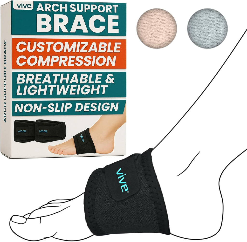 Vive Foot Arch Support Brace (Pair) - Wrap Corrector for Flat Feet, Plantar Fasciitis, Pain Relief, Fallen Arches - Compression Sleeve Strap, Gel Bands Inserts for Women & Men - Wear Under Socks