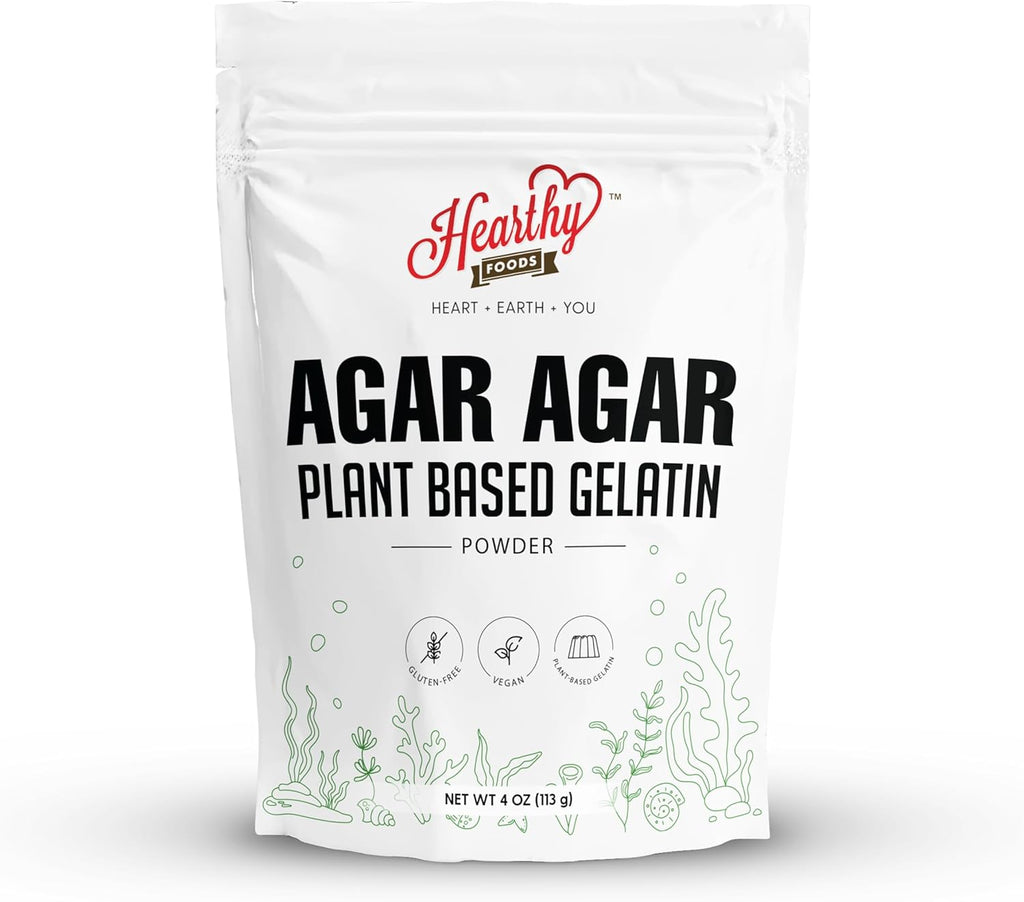 Hearthy Foods Agar Agar Powder (4oz) Vegan Gelatin Substitute, Certified Halal, Kosher, Gluten-free, Non-GMO, 100%, Sugar-free, Kosher, Halal, Desserts, 100% Natural Red Algae