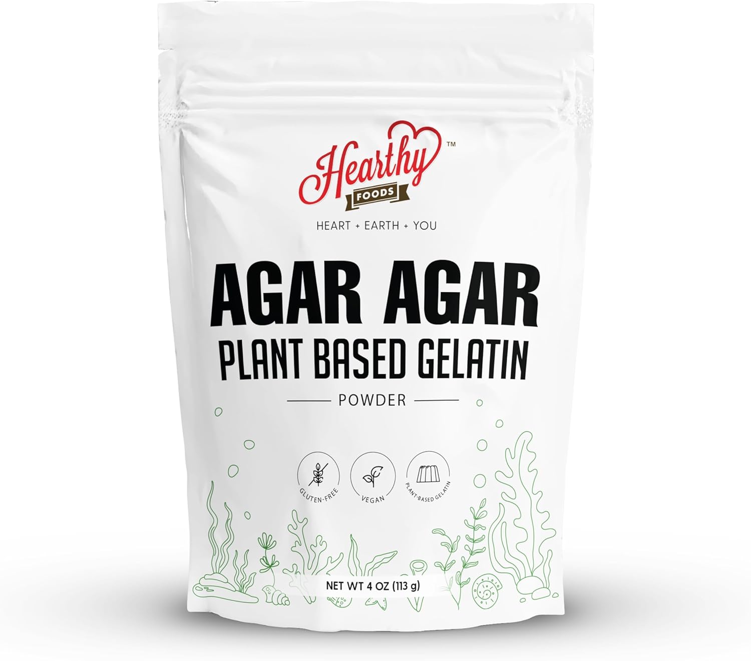 Hearthy Foods Agar Agar Powder (4oz) Vegan Gelatin Substitute, Certified Halal, Kosher, Gluten-free, Non-GMO, 100%, Sugar-free, Kosher, Halal, Desserts, 100% Natural Red Algae