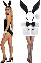 6Pcs Bunny Costumes Women Black Bunny Ears Collar Bow Tie Cuffs White Bunny Tail and Thigh High Fishnet Stockings