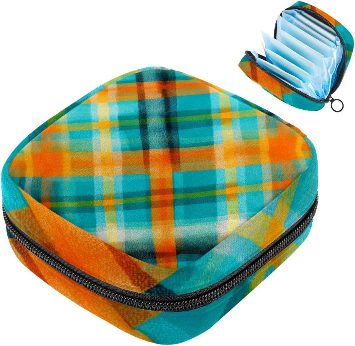 Sanitary Napkin Storage Bag,Period Bag,Pad Bag,Blue and Orange Plaid,Period Pouch