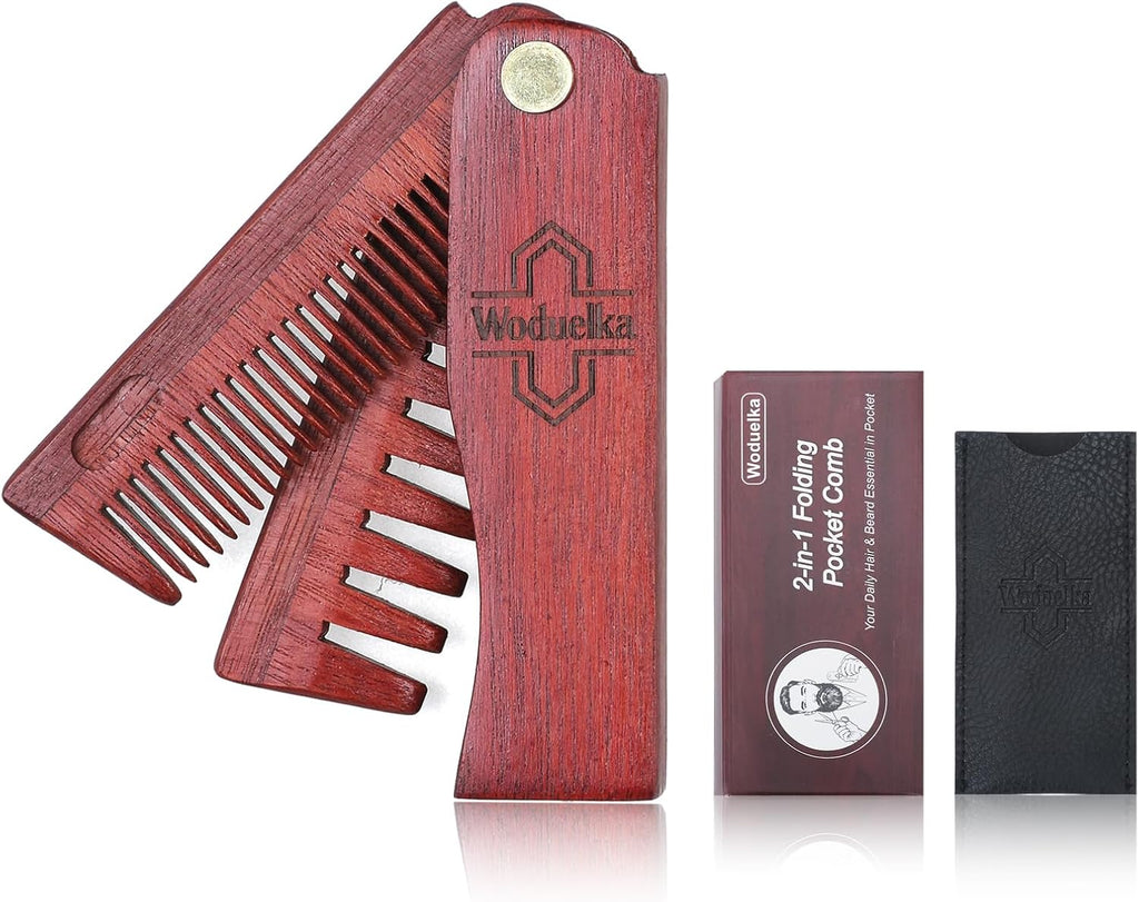2 In 1 Folding Pocket Comb - Wooden Beard & Hair Styling Tool for Men, Fine Tooth & Wide Tooth Small Comb for Grooming Hair, Beards and Mustache, 180° Rotatable for Outdoor Travel & Home Use