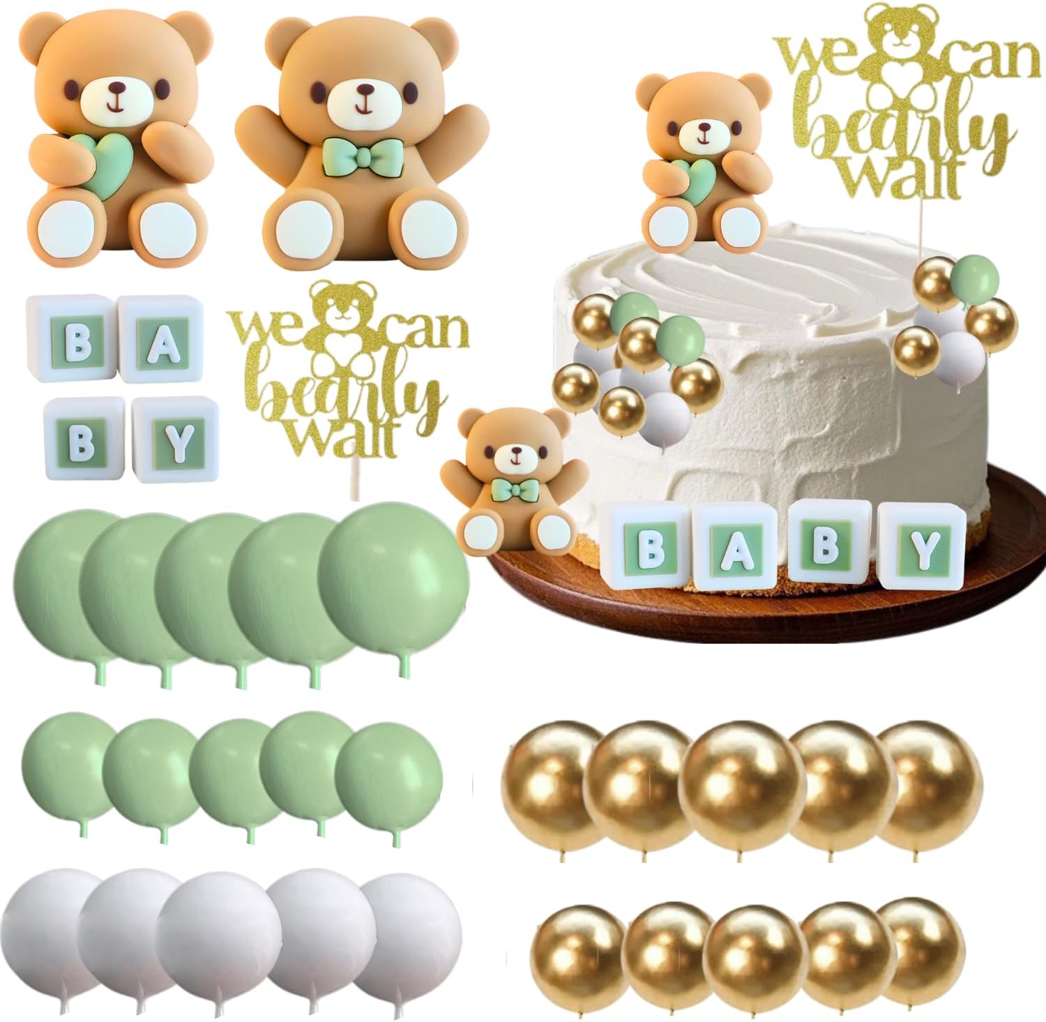 ALISSAR 32Pcs Bear Cake Toppers for Baby Shower with Balls, We Can Bearly Wait Cake Topper, Bear Baby Shower Decorations(sage green)
