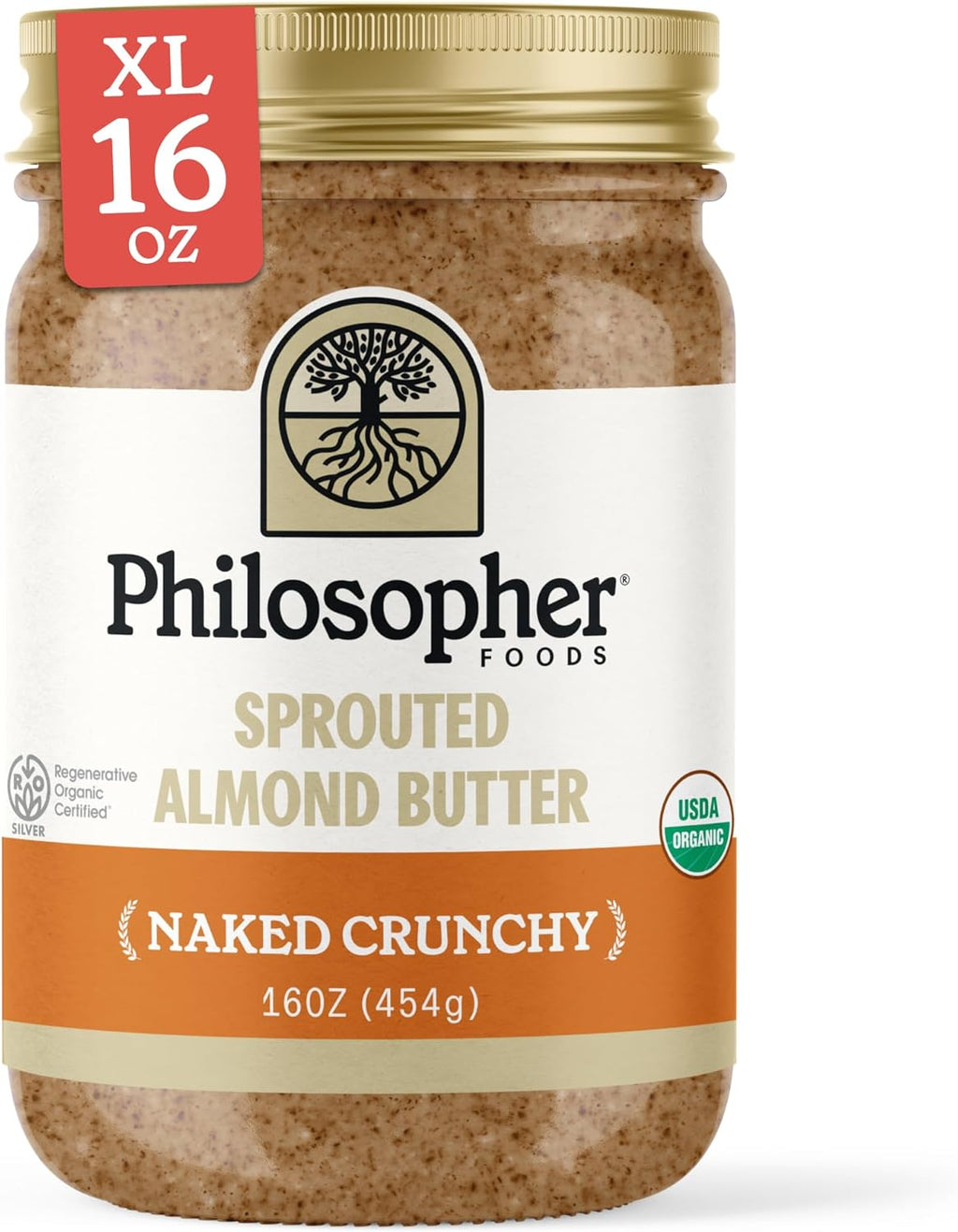 Philosopher Foods - Naked Crunchy Organic Sprouted Almond Butter - 16 oz - Stone Ground Regenerative Organic Crunchy Almond Nut Butter No Sugar Added