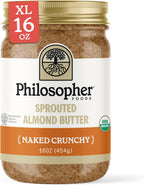 Philosopher Foods - Naked Crunchy Organic Sprouted Almond Butter - 16 oz - Stone Ground Regenerative Organic Crunchy Almond Nut Butter No Sugar Added