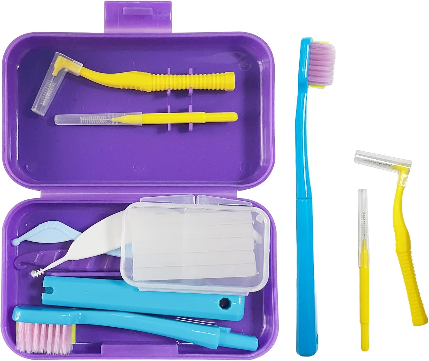 6-in-1 Orthodontic Oral Care Kit with Case – Detachable Toothbrush, Interdental Brush, Dental Floss Pick, Toothpick Brush, Dental Wax with Cutter, Elastic Hook Set for Braces Daily Travel Use (Purple)