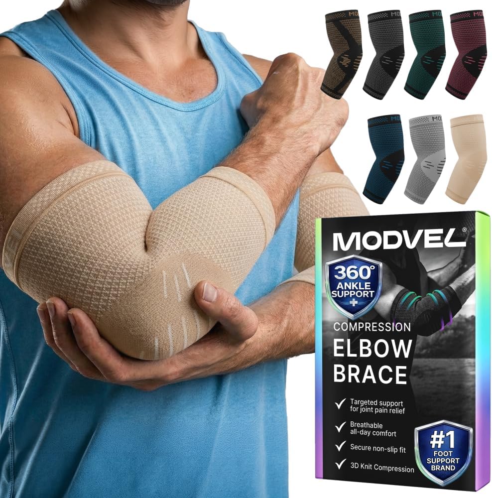 Modvel 2 Pack Elbow Brace - Golfer's Elbow Compression Sleeve Support for Joint Pain Relief, Recovery, Tendonitis Braces, Tennis Elbows Brace For Men & Women, Workout & Weightlifting Arm Wrap, Nude