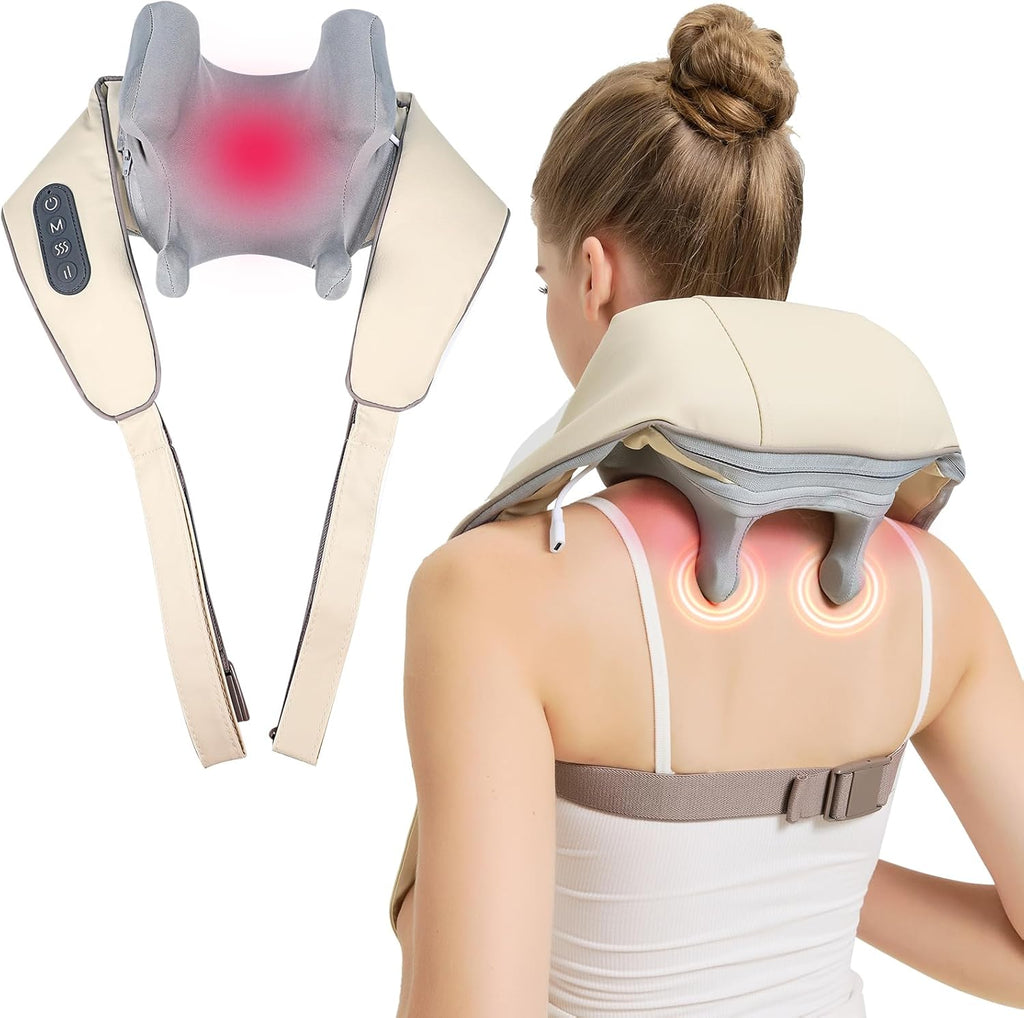 4D Wireless Deep Tissue Kneading Neck Massager with Heating Function, Shiatsu and Shoulder Massager Pillow,Back and Leg Pain Relief, Body Muscle Pain Relief,Mothers Day Gifts for Mom Wife.(Off White)