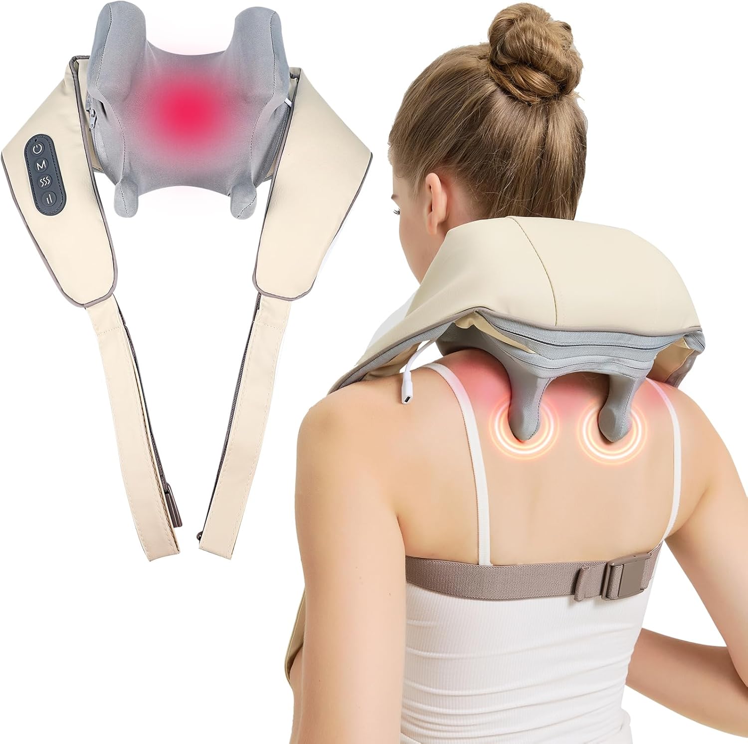 4D Wireless Deep Tissue Kneading Neck Massager with Heating Function, Shiatsu and Shoulder Massager Pillow,Back and Leg Pain Relief, Body Muscle Pain Relief,Mothers Day Gifts for Mom Wife.(Off White)