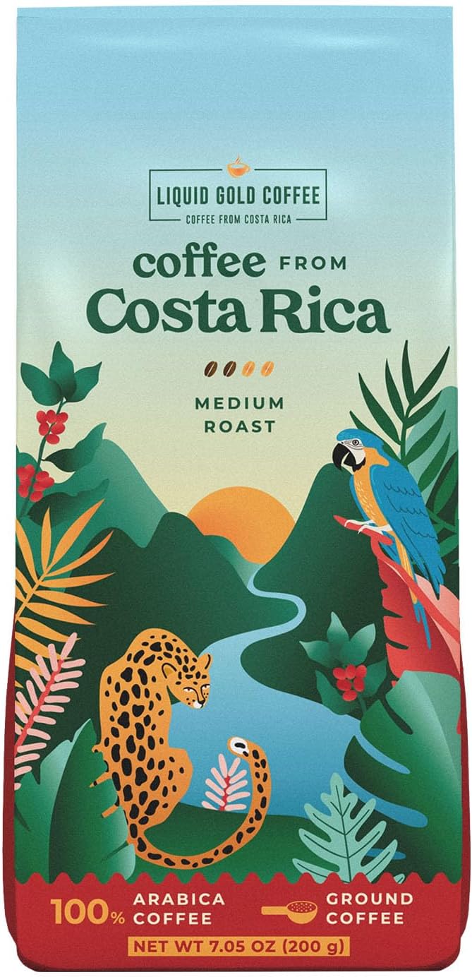 Liquid Gold Coffee from Costa Rica Medium Roast Ground, 1 bag 7.05 OZ (200 Grams), Fair Trade, 100% Arabica Beans, Single Origin Coffee from Coopeagri, Small Batch Roasted USA