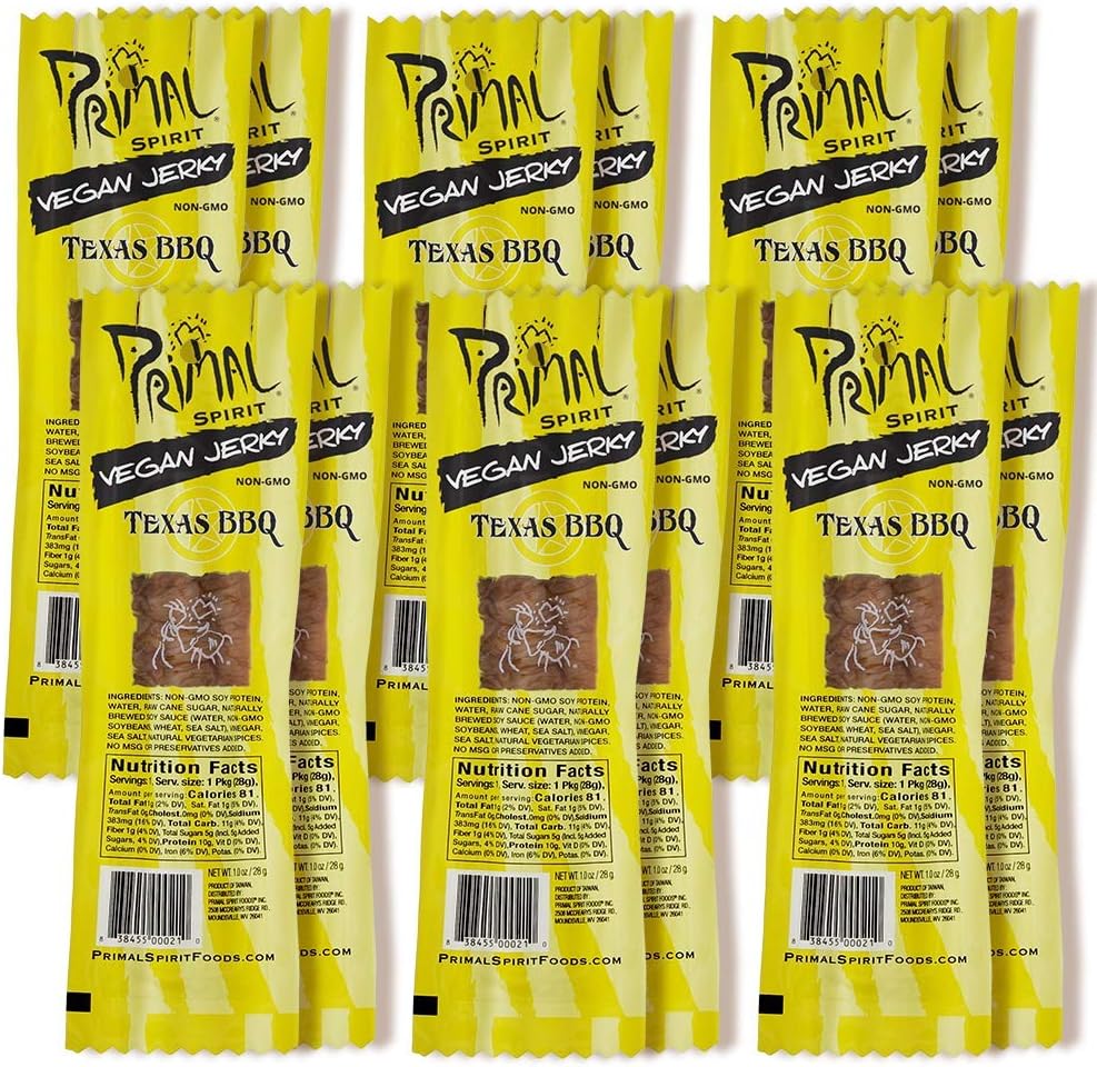 Primal Spirit Vegan Jerky – “Classic Flavor” – Texas BBQ, 10 g. Plant Based Protein, Certified Non-GMO, No Preservatives, Sports Friendly Packaging (12 Pack, 1 oz)