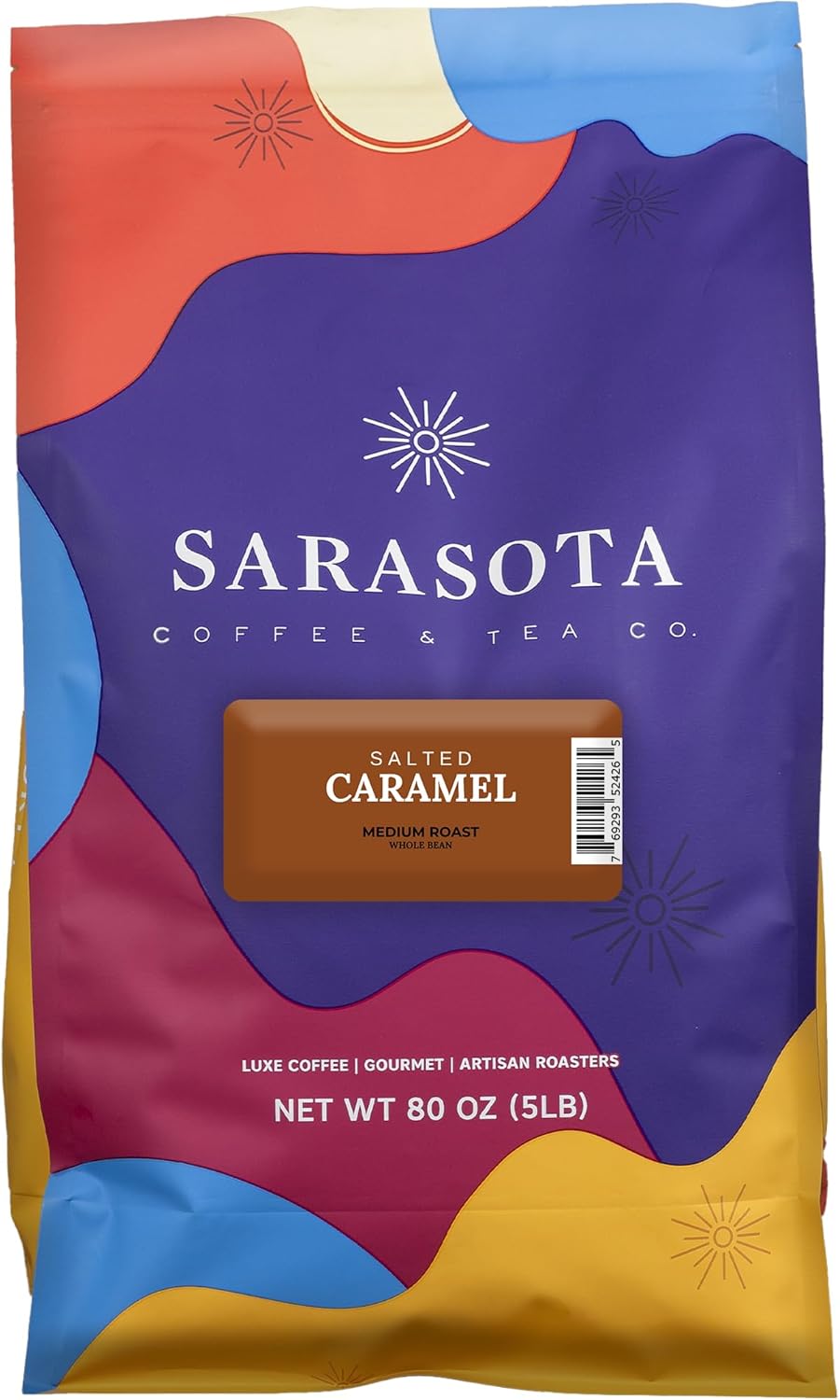 Sarasota Coffee Whole Bean Salted Caramel | Medium Roast Gourmet Flavored Coffee Beans | Low Acid, Mold Free, Specialty Grade Bulk Beans | 5lb (80 oz)