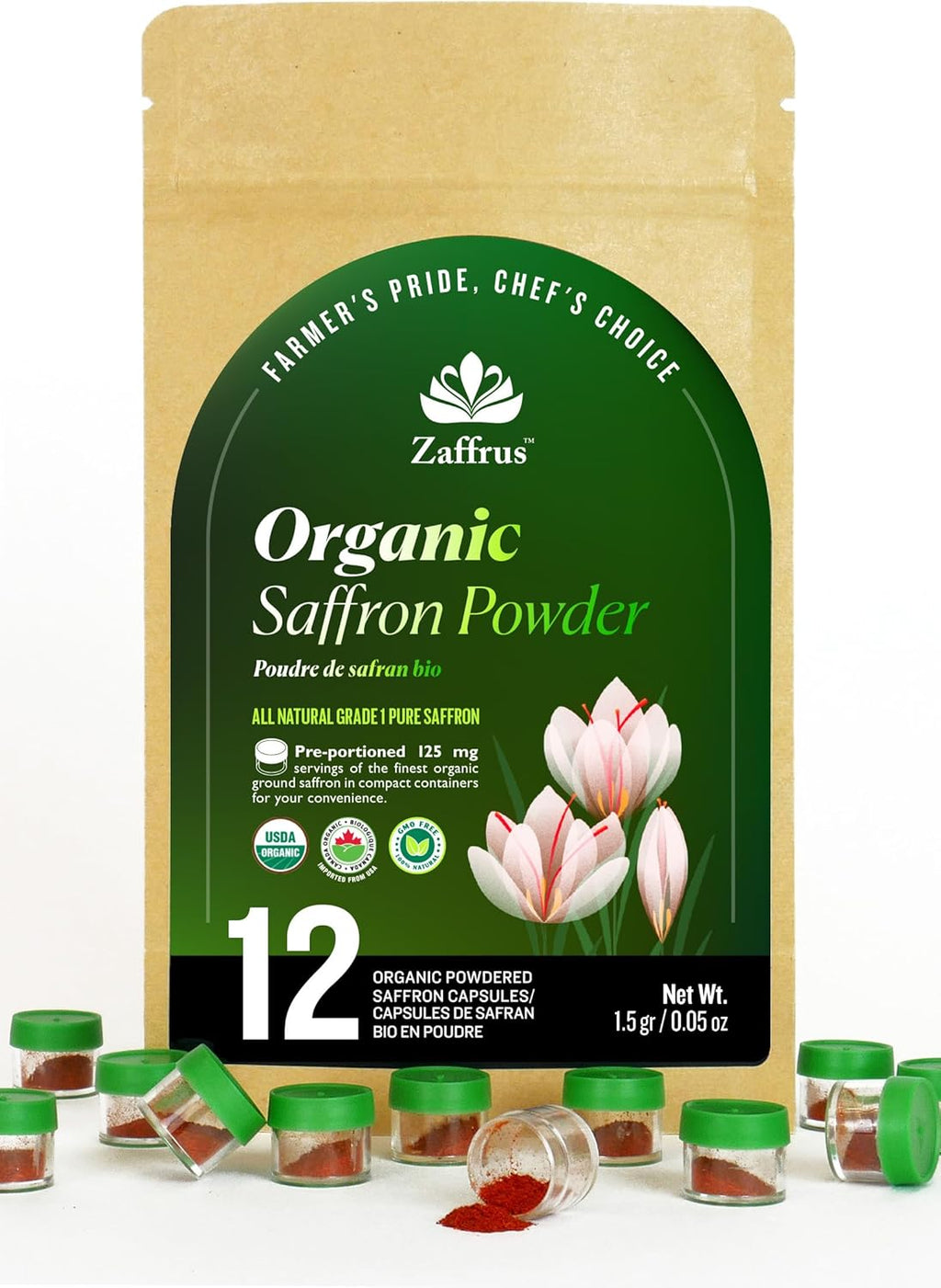 Zaffrus - Certified Organic Premium Saffron Powder for Cooking Saffron Rice, Paella, Risotto, Soup, Desserts & Herbal Teas. Pack of 12 (1.5 gram/ .05 Oz)
