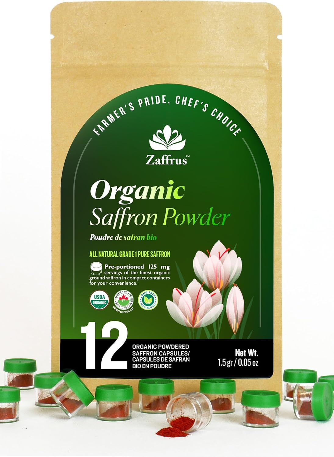 Zaffrus - Certified Organic Premium Saffron Powder for Cooking Saffron Rice, Paella, Risotto, Soup, Desserts & Herbal Teas. Pack of 12 (1.5 gram/ .05 Oz)