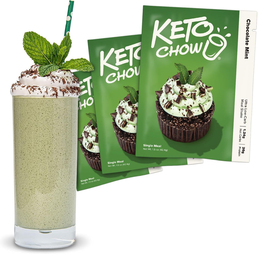 Keto Chow Chocolate Mint - Keto Meal Replacement Shake Powder - Nutritionally Complete - Low Carb - Delicious Easy Meal Substitute - Protein Rich You Choose The Fat - Single Meal - 3 Pack
