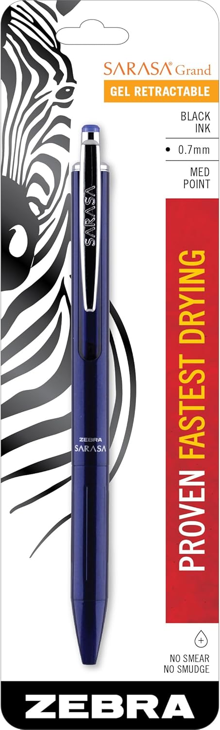 Zebra Pen, SARASA Grand Retractable Gel Pen, Solid Brass Barrel, Fast-Drying Black Ink, 0.7mm Point, Ideal for the Left Handed, Eliminates Smudging, Navy Brass Barrel, 1-Pack, (45211)