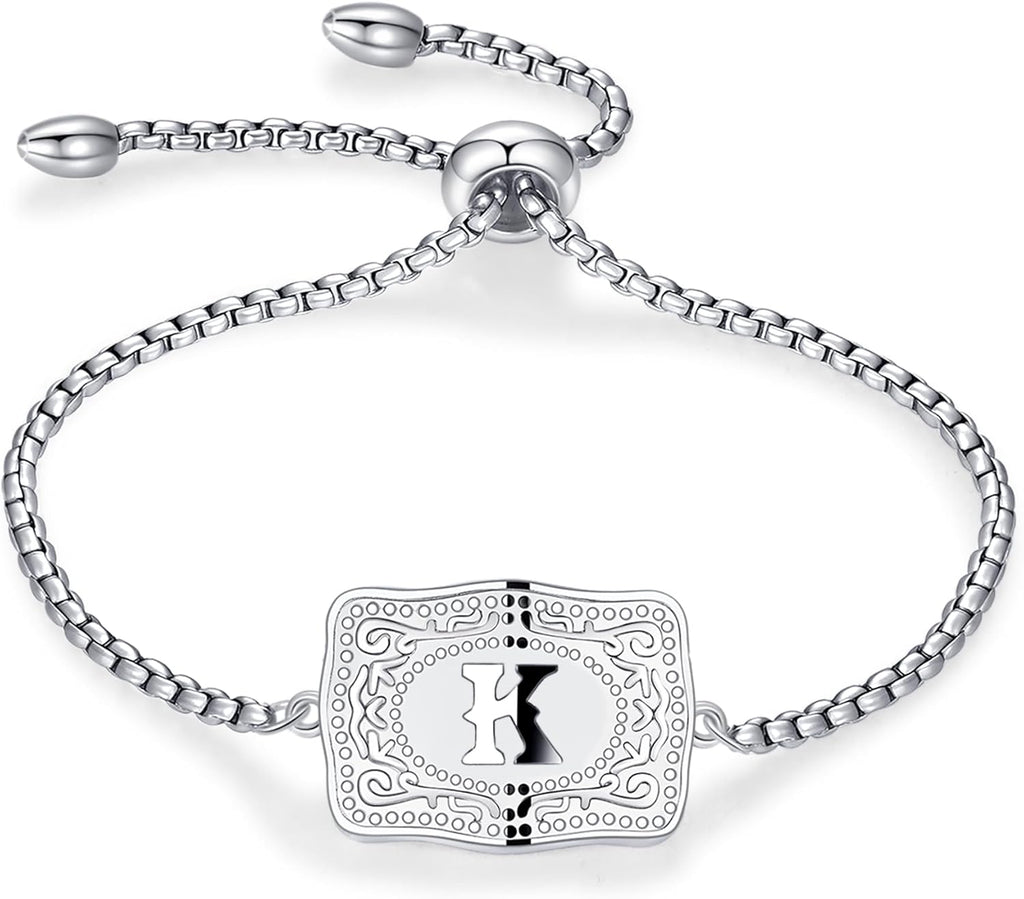 2 Pcs Gold Silver Initial Necklace Bracelet Set for Women, 18K Gold Plated Belt Buckle Initial A-Z Necklace Bracelet Set, Unique Western Style Jewelry Gifts for Women