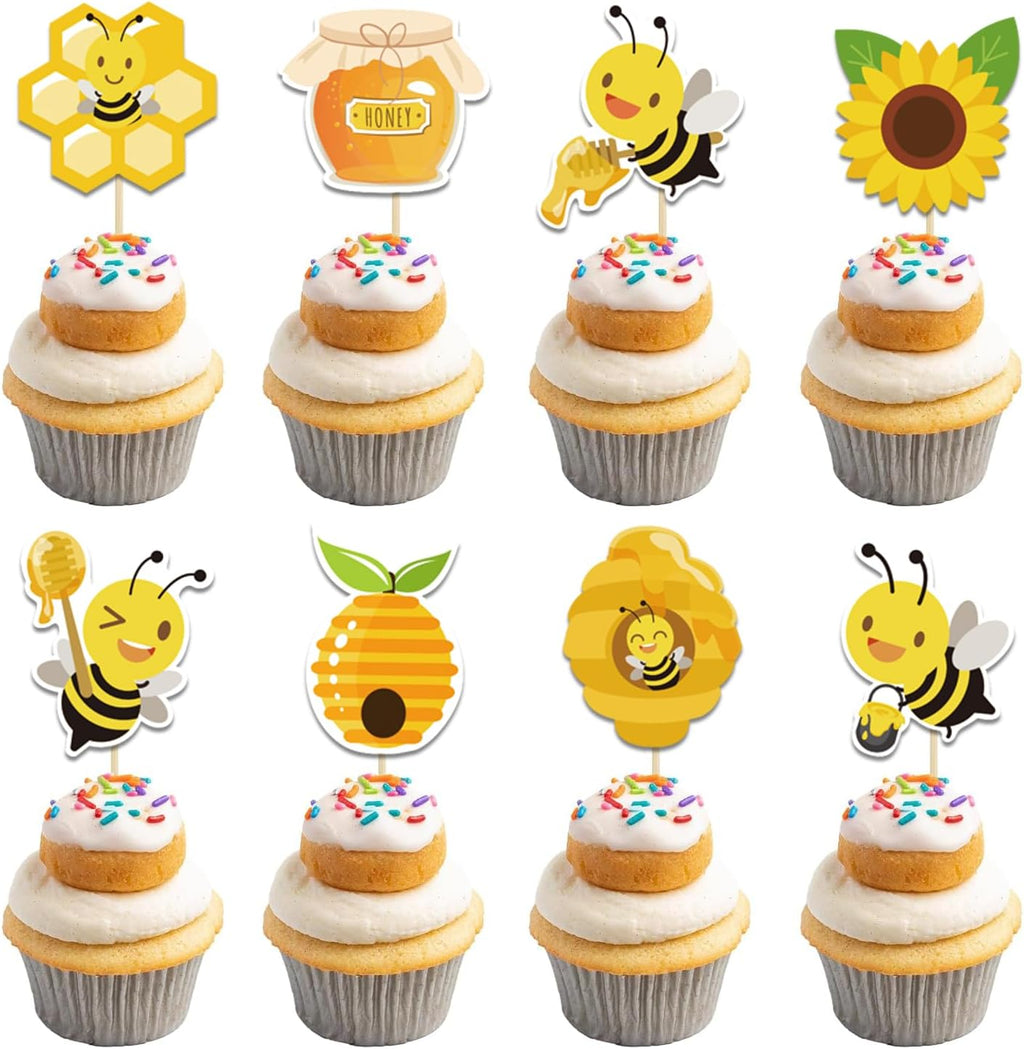 32Pcs Bumble Bee Cupcake Toppers, Bee Gender Reveal Honeycomb Cake Toppers, Oh Babee Cupcake Picks Bee Theme Baby Shower Kids First Birthday Party Cake Decorations Supplies