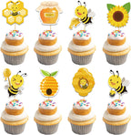 32Pcs Bumble Bee Cupcake Toppers, Bee Gender Reveal Honeycomb Cake Toppers, Oh Babee Cupcake Picks Bee Theme Baby Shower Kids First Birthday Party Cake Decorations Supplies