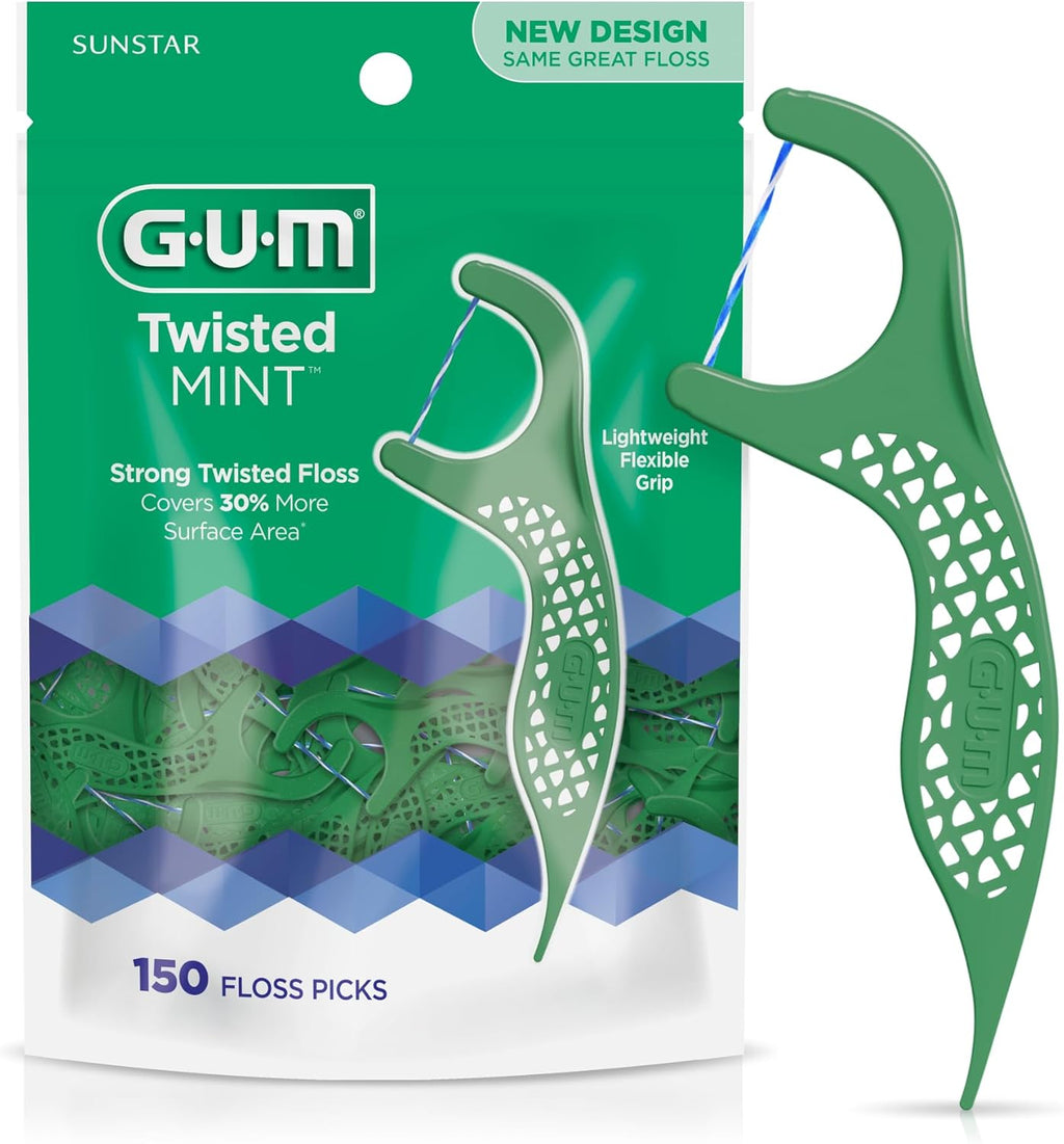 GUM Twisted Mint Floss Picks - Twisted Threads, Shred-Resistant Floss, Easy Grip Handle, 150 Count
