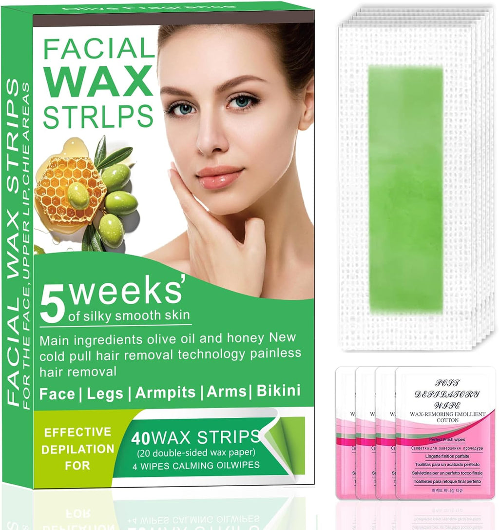 Facial Wax Strips for Women – 98% Natural, Hypoallergenic Formula for Sensitive Skin – Quick & Gentle Hair Removal for Upper Lip, Eyebrows, Chin, Bikini Line & Legs 40Pcs