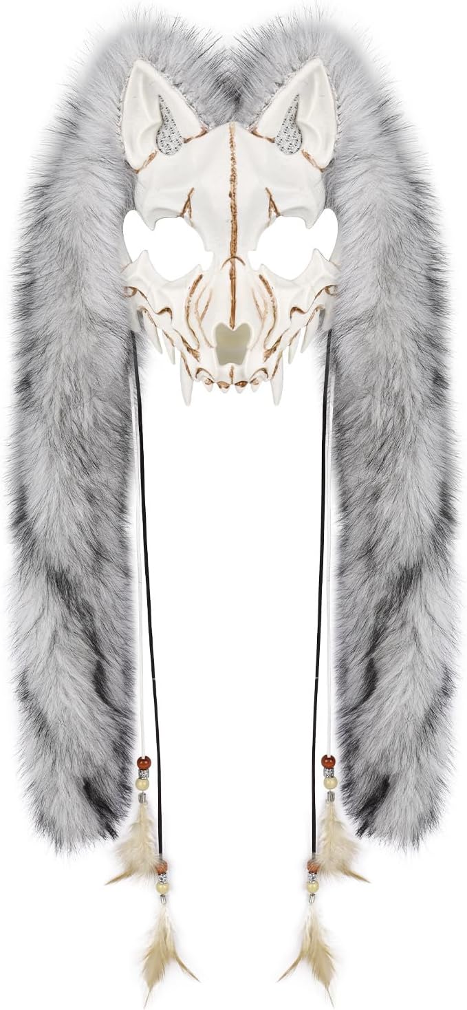 Holiberty Animal Head Wolf Mask Furry Viking Headpiece Warrior Werewolf Halloween Cosplay Costume Skull Bone Fox Ear Mask
