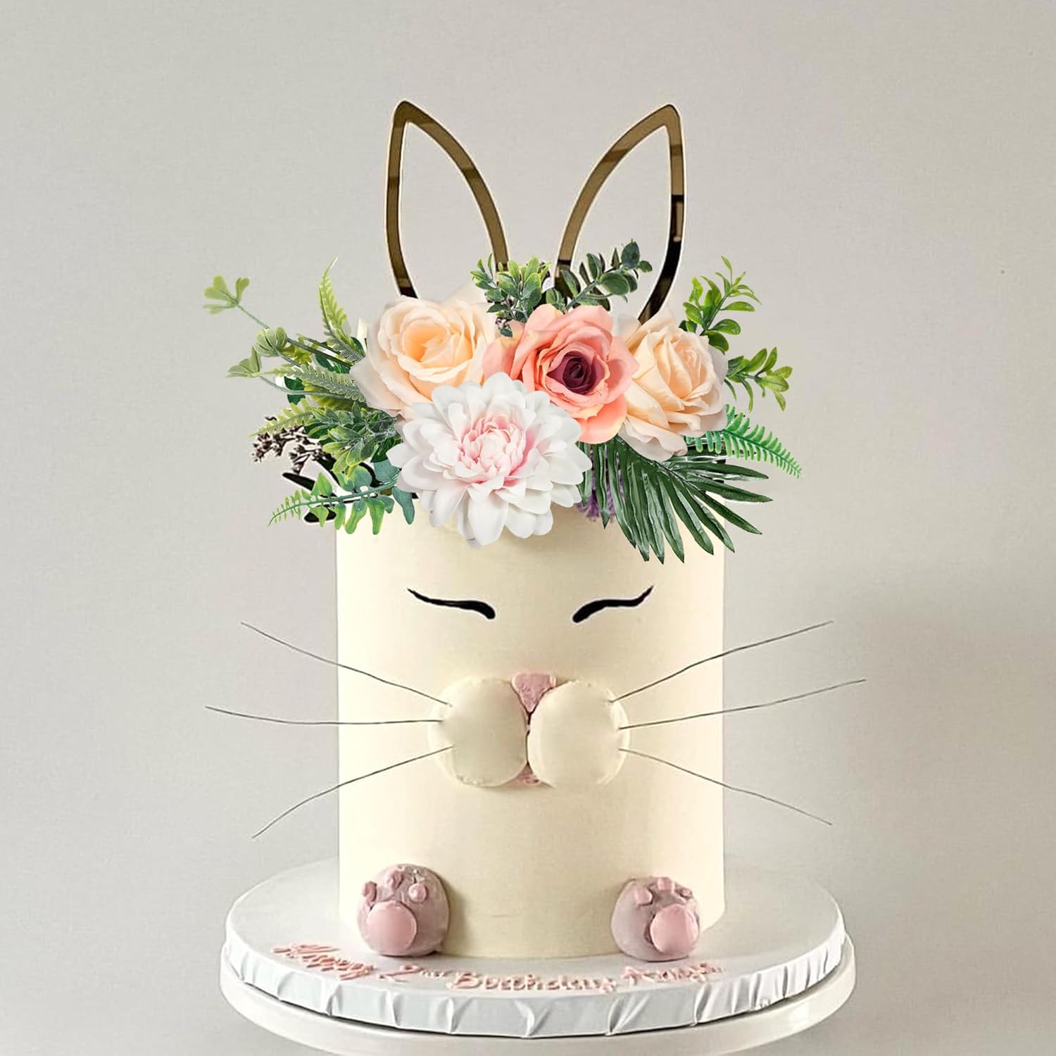DRWATE Easter Cake Topper Flower Cake Decorations Bunny Ears Cake Topper for Easter Festival Birthday Party Baby Shower Supplies (Style 1)